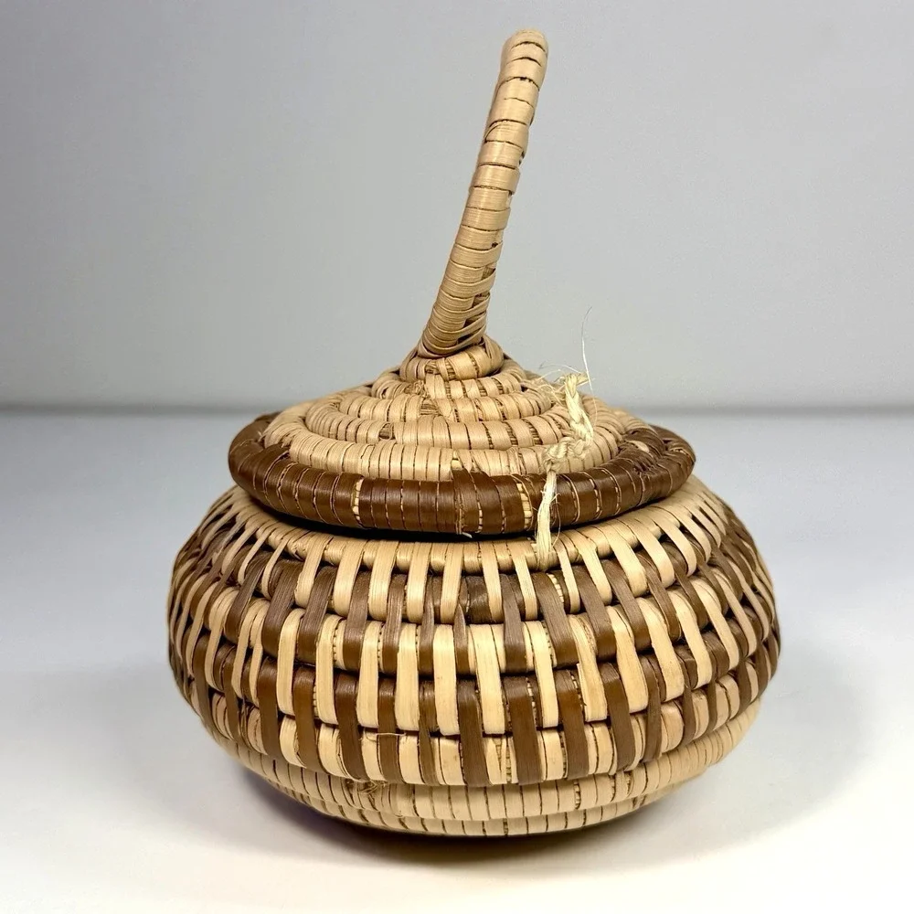 Vintage Handwoven Coiled Lidded Basket Natural Fiber Grass Loop Handle 5.5